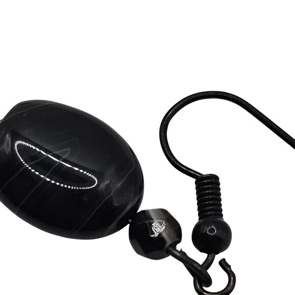 Women's Beaded Marbled Black/Gray Agate Stone Dangle Drop Hook Back Earrings - Picture 8 of 9